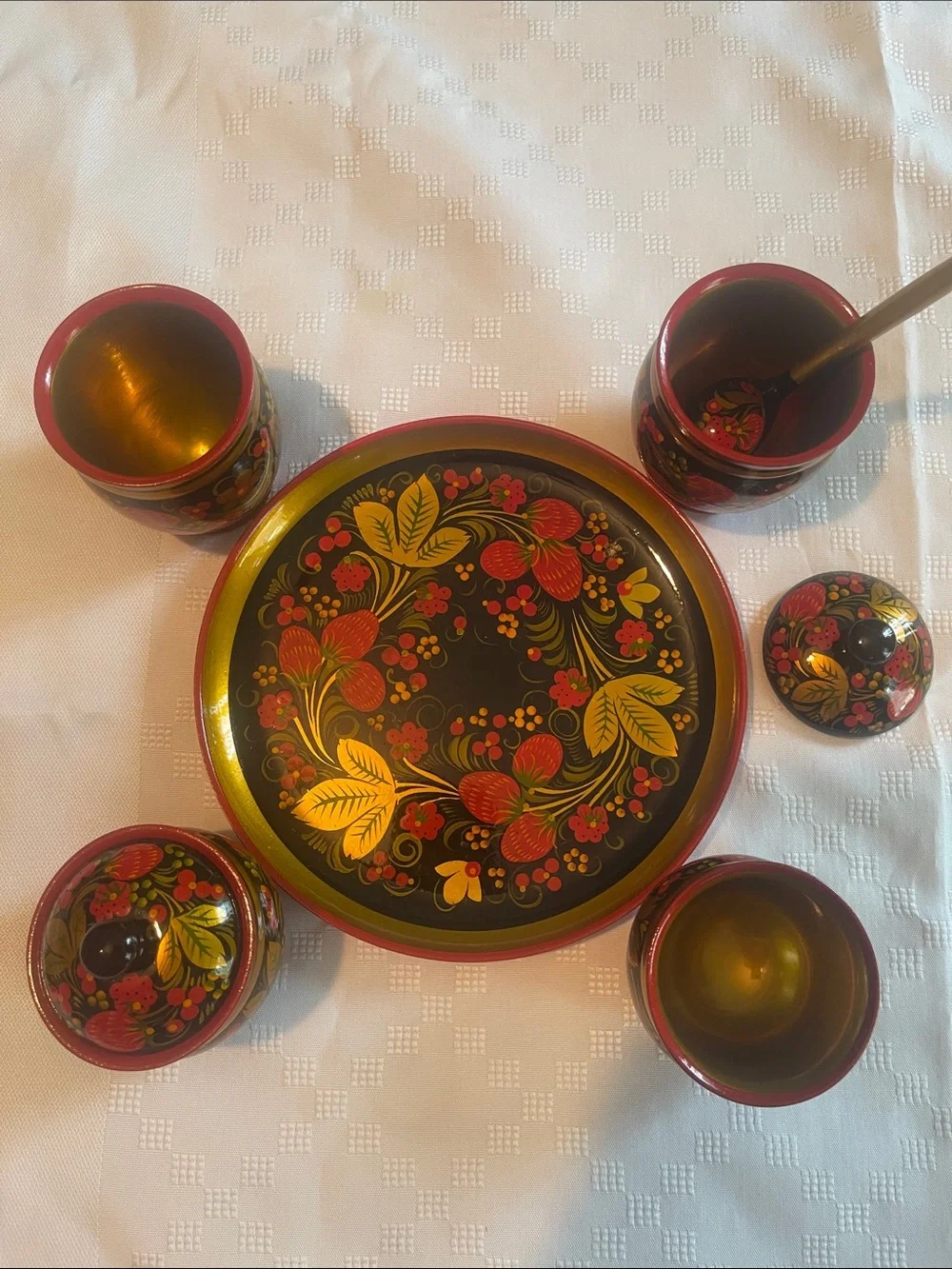 Hand-Painted Black and Red Khokhloma Style Wooden Spice 6 pieces Set